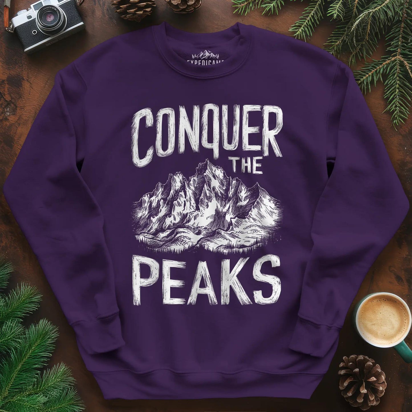 Conquer the Peaks Sweatshirt – Purple – Outdoor apparel for travel, hiking, camping, and nature lovers – ExpediCamp