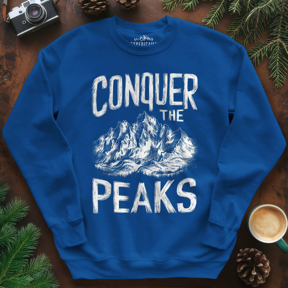 Conquer the Peaks Sweatshirt – Royal – Outdoor apparel for travel, hiking, camping, and nature lovers – ExpediCamp