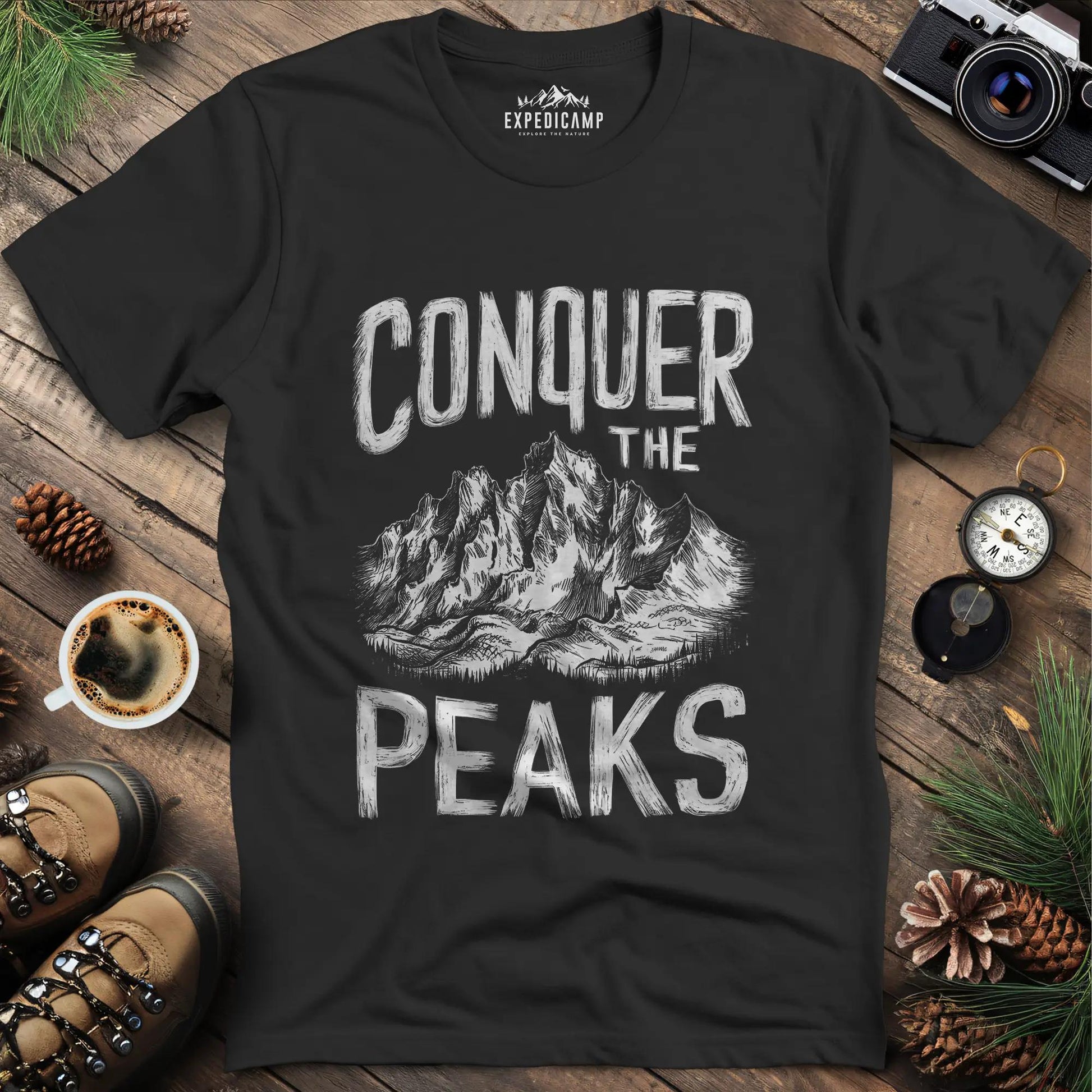 Conquer the Peaks T-Shirt – Black – Outdoor apparel for travel, hiking, camping, and nature lovers – ExpediCamp