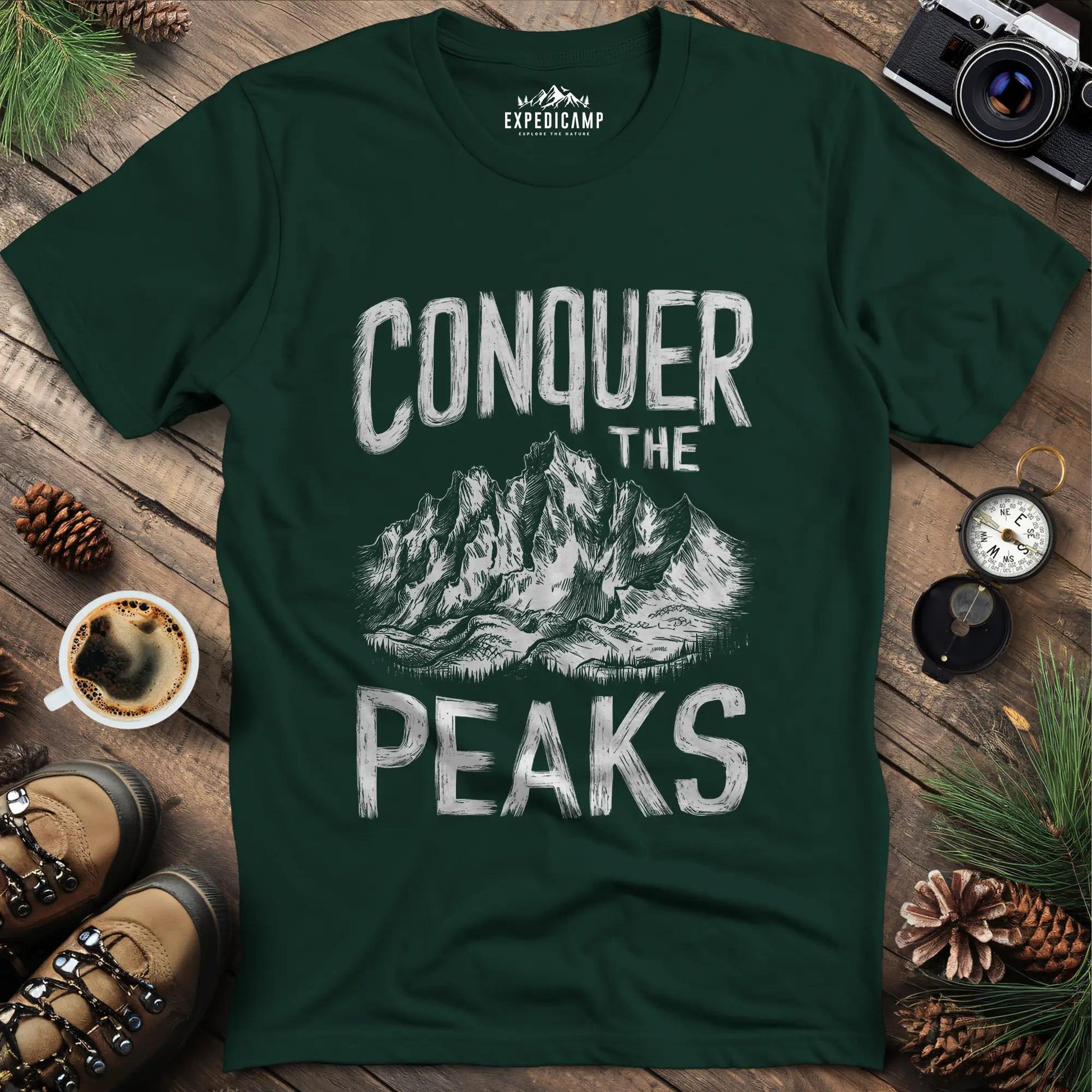 Conquer the Peaks T-Shirt – Forest Green – Outdoor apparel for travel, hiking, camping, and nature lovers – ExpediCamp