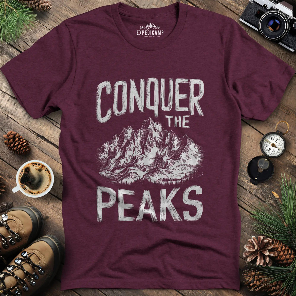 Conquer the Peaks T-Shirt – Heather Maroon – Outdoor apparel for travel, hiking, camping, and nature lovers – ExpediCamp