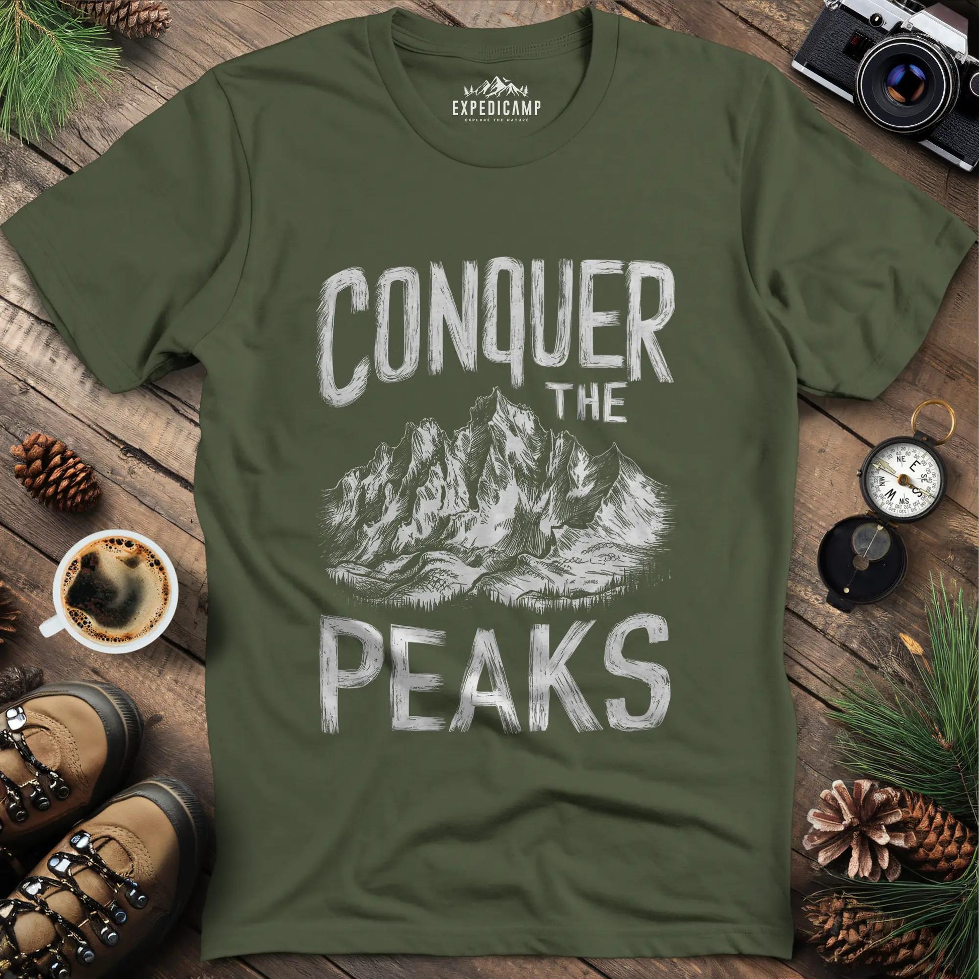 Conquer the Peaks T-Shirt – Military Green – Outdoor apparel for travel, hiking, camping, and nature lovers – ExpediCamp