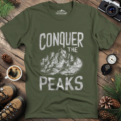 Conquer the Peaks T-Shirt – Military Green – Outdoor apparel for travel, hiking, camping, and nature lovers – ExpediCamp