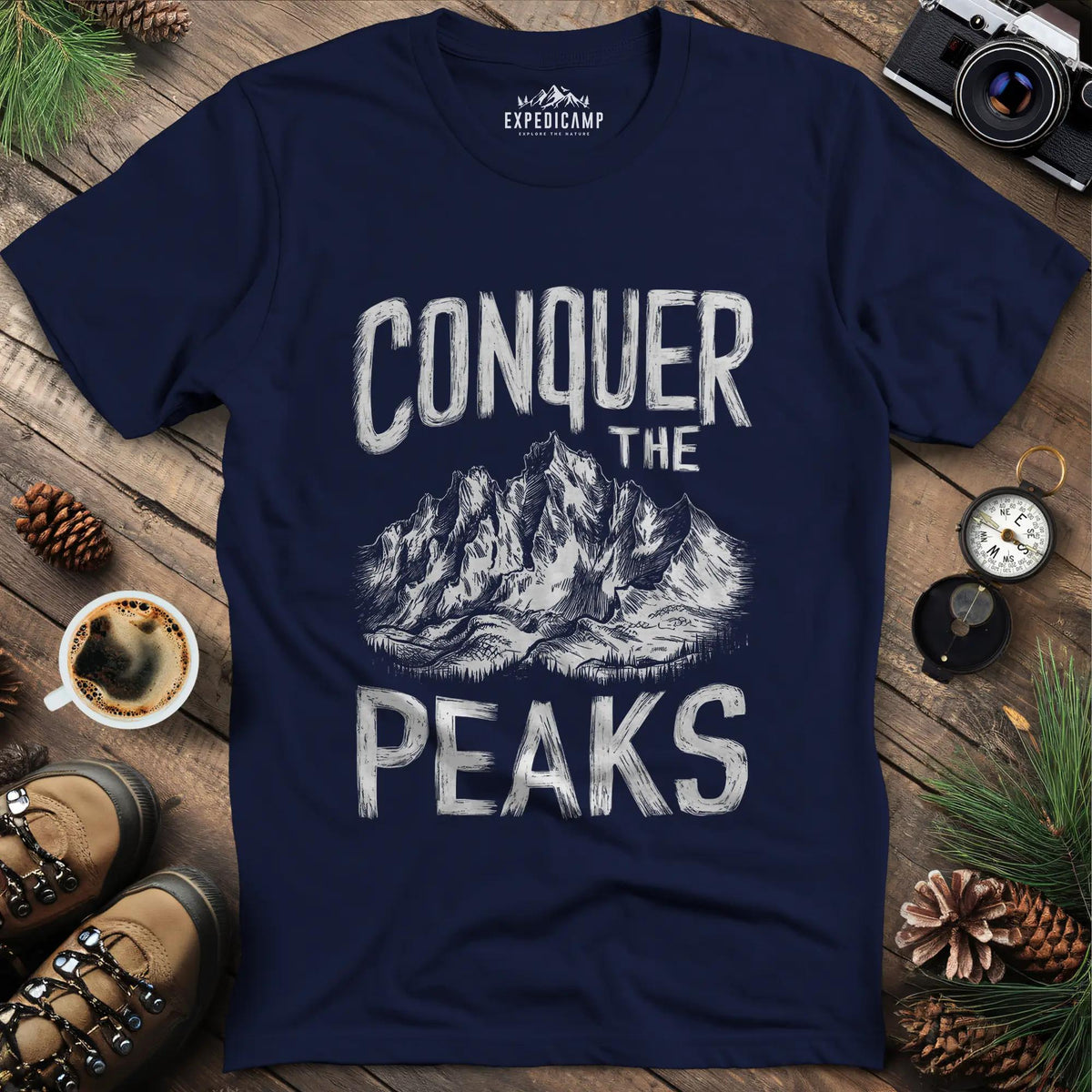 Conquer the Peaks T-Shirt – Navy – Outdoor apparel for travel, hiking, camping, and nature lovers – ExpediCamp
