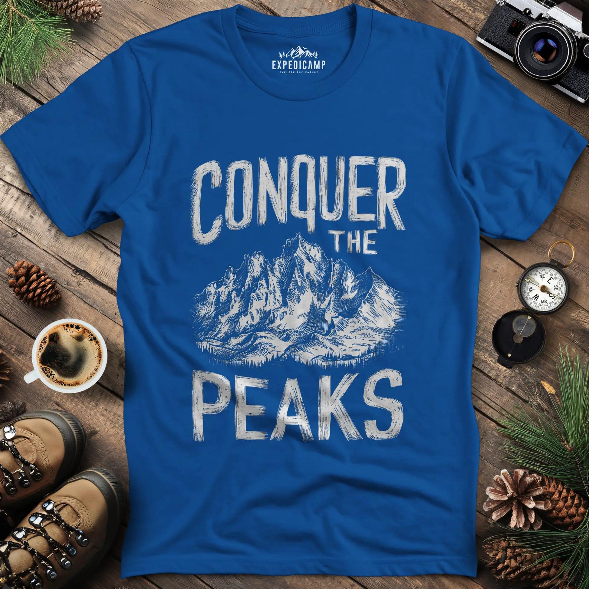 Conquer the Peaks T-Shirt – Royal – Outdoor apparel for travel, hiking, camping, and nature lovers – ExpediCamp