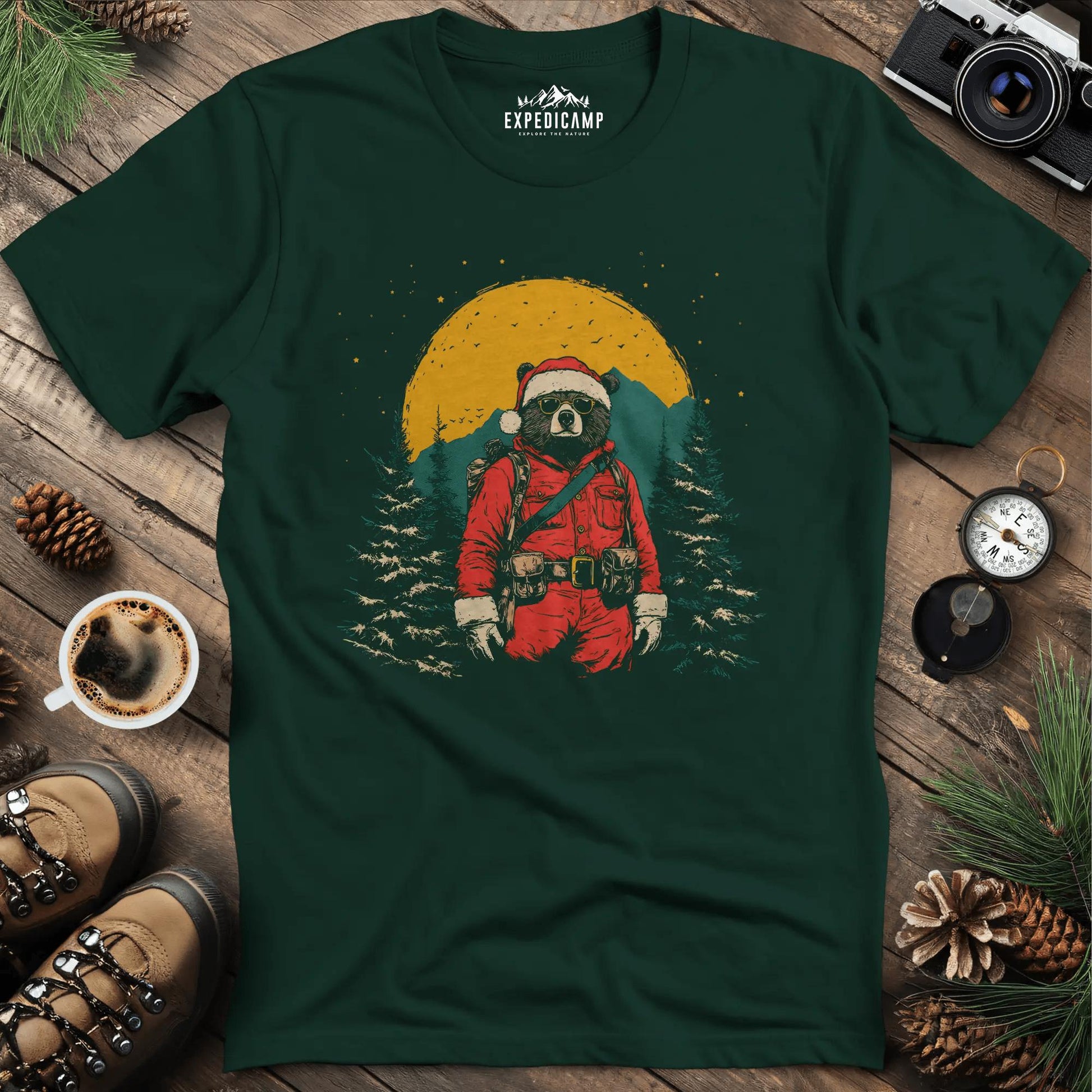 Cool Bear Santa T-Shirt – Forest Green – Outdoor apparel for travel, hiking, camping, and nature lovers – ExpediCamp