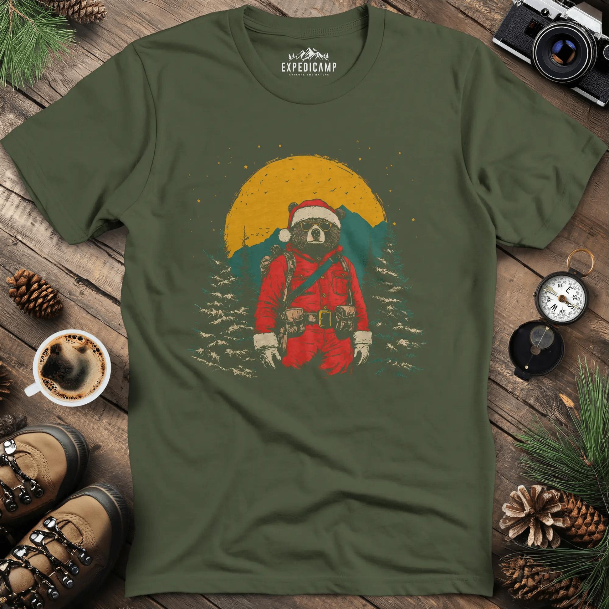 Cool Bear Santa T-Shirt – Military Green – Outdoor apparel for travel, hiking, camping, and nature lovers – ExpediCamp