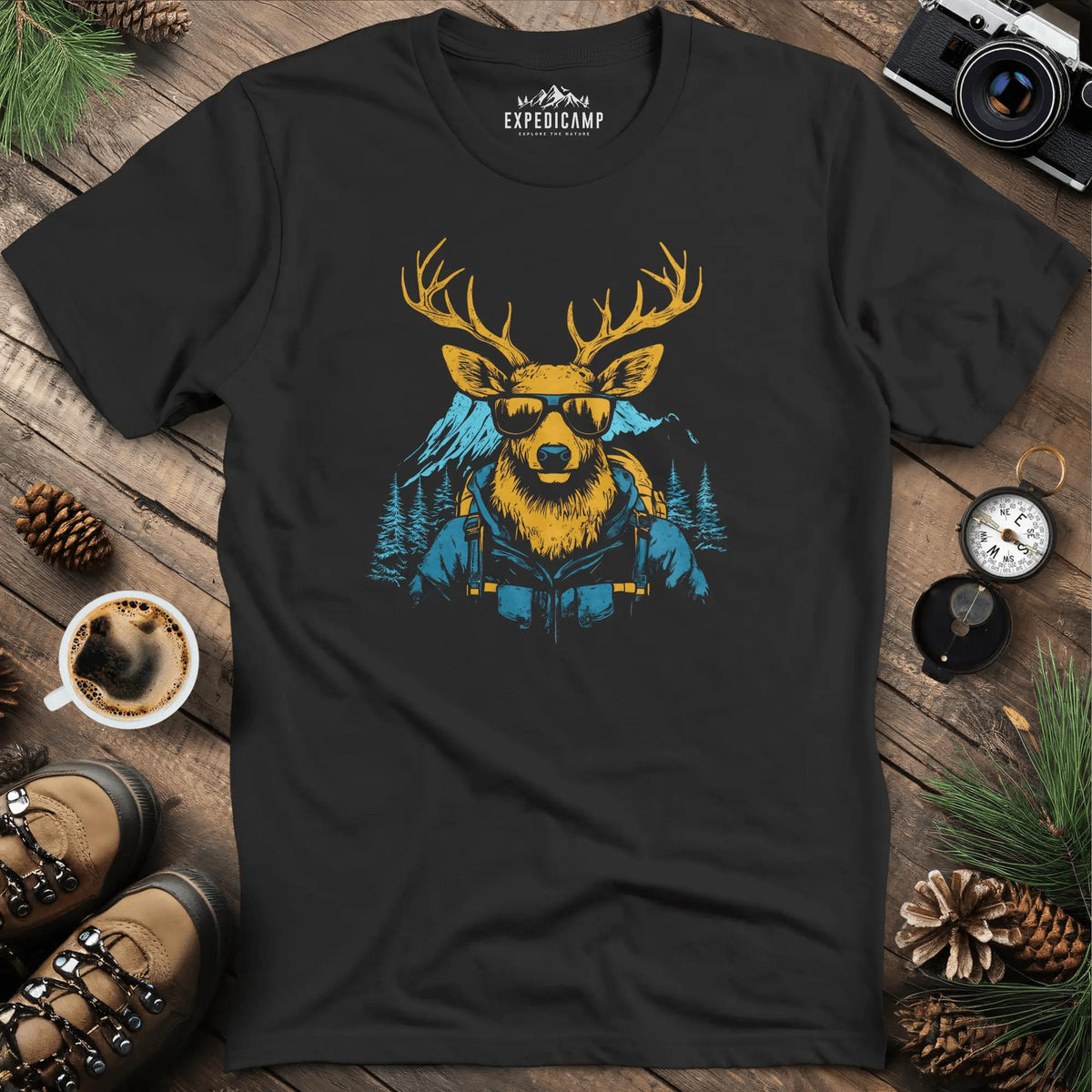 Cool Deer T-Shirt – Stylish Deer with Sunglasses Wilderness Design – Black – Outdoor apparel for travel, hiking, camping, and nature lovers – ExpediCamp