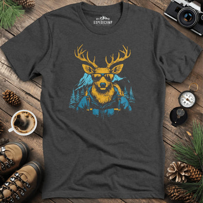 Cool Deer T-Shirt – Stylish Deer with Sunglasses Wilderness Design – Dark Heather – Outdoor apparel for travel, hiking, camping, and nature lovers – ExpediCamp