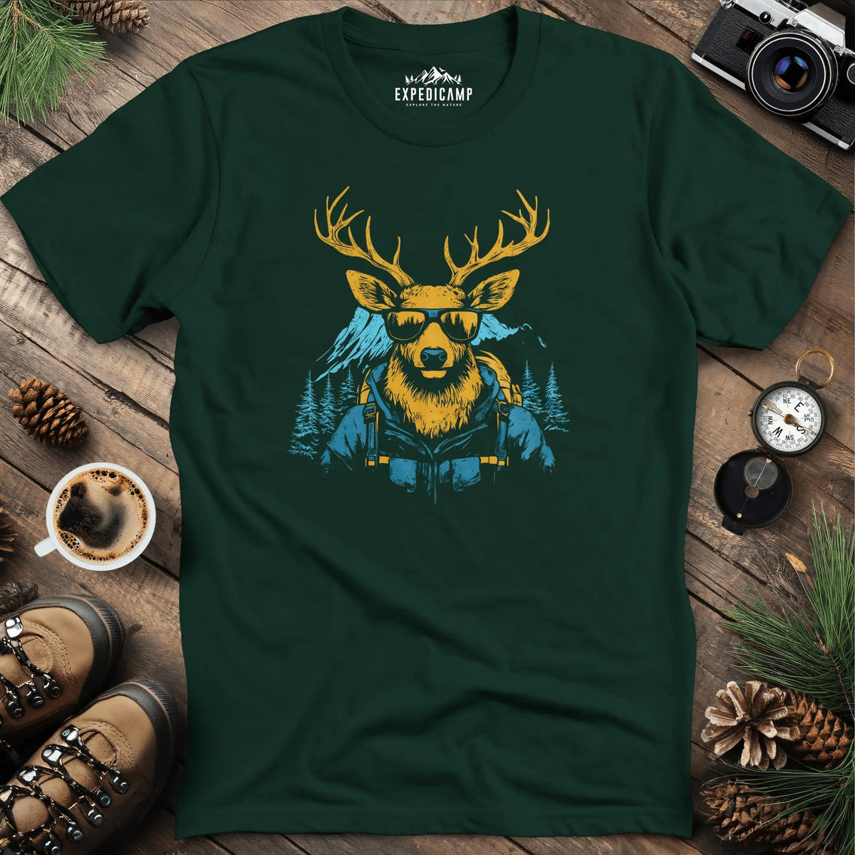 Cool Deer T-Shirt – Stylish Deer with Sunglasses Wilderness Design – Forest Green – Outdoor apparel for travel, hiking, camping, and nature lovers – ExpediCamp