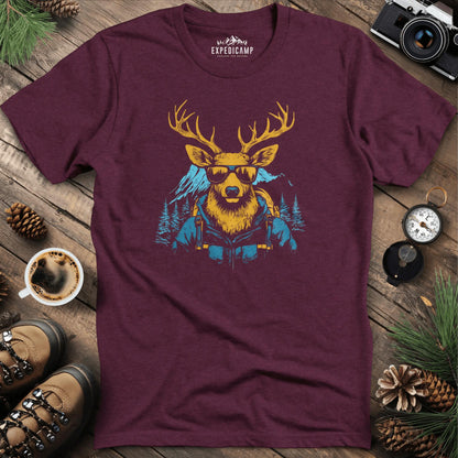 Cool Deer T-Shirt – Stylish Deer with Sunglasses Wilderness Design – Heather Maroon – Outdoor apparel for travel, hiking, camping, and nature lovers – ExpediCamp