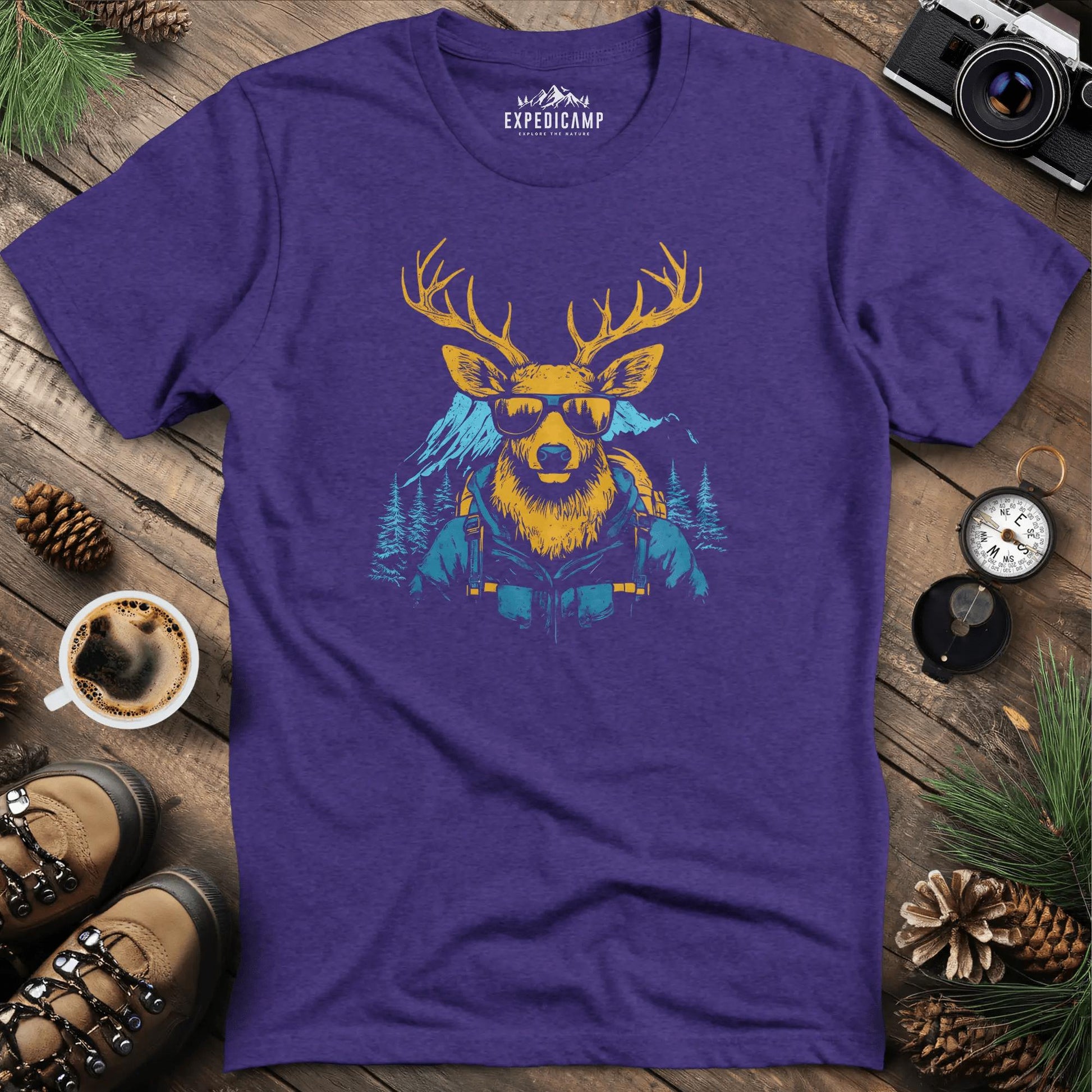 Cool Deer T-Shirt – Stylish Deer with Sunglasses Wilderness Design – Heather Purple – Outdoor apparel for travel, hiking, camping, and nature lovers – ExpediCamp