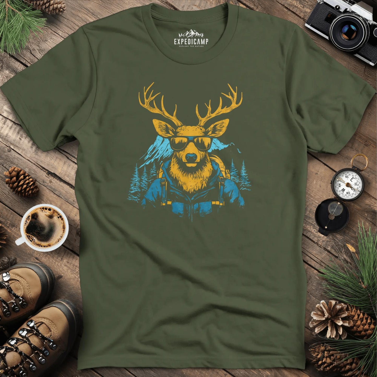 Cool Deer T-Shirt – Stylish Deer with Sunglasses Wilderness Design – Military Green – Outdoor apparel for travel, hiking, camping, and nature lovers – ExpediCamp