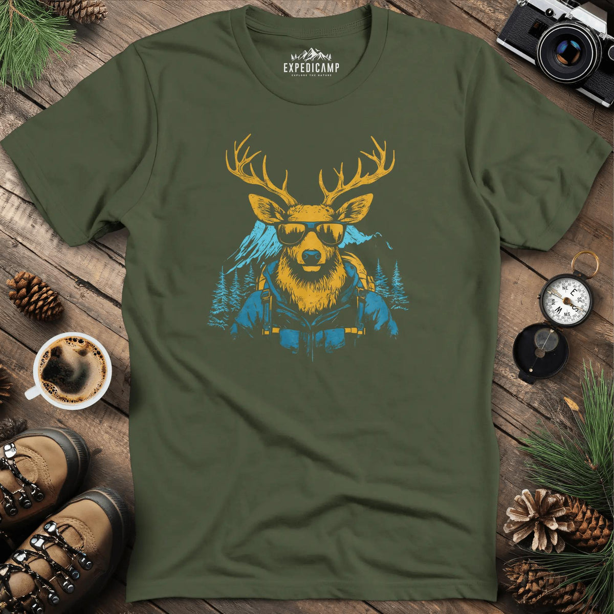 Cool Deer T-Shirt – Stylish Deer with Sunglasses Wilderness Design – Military Green – Outdoor apparel for travel, hiking, camping, and nature lovers – ExpediCamp
