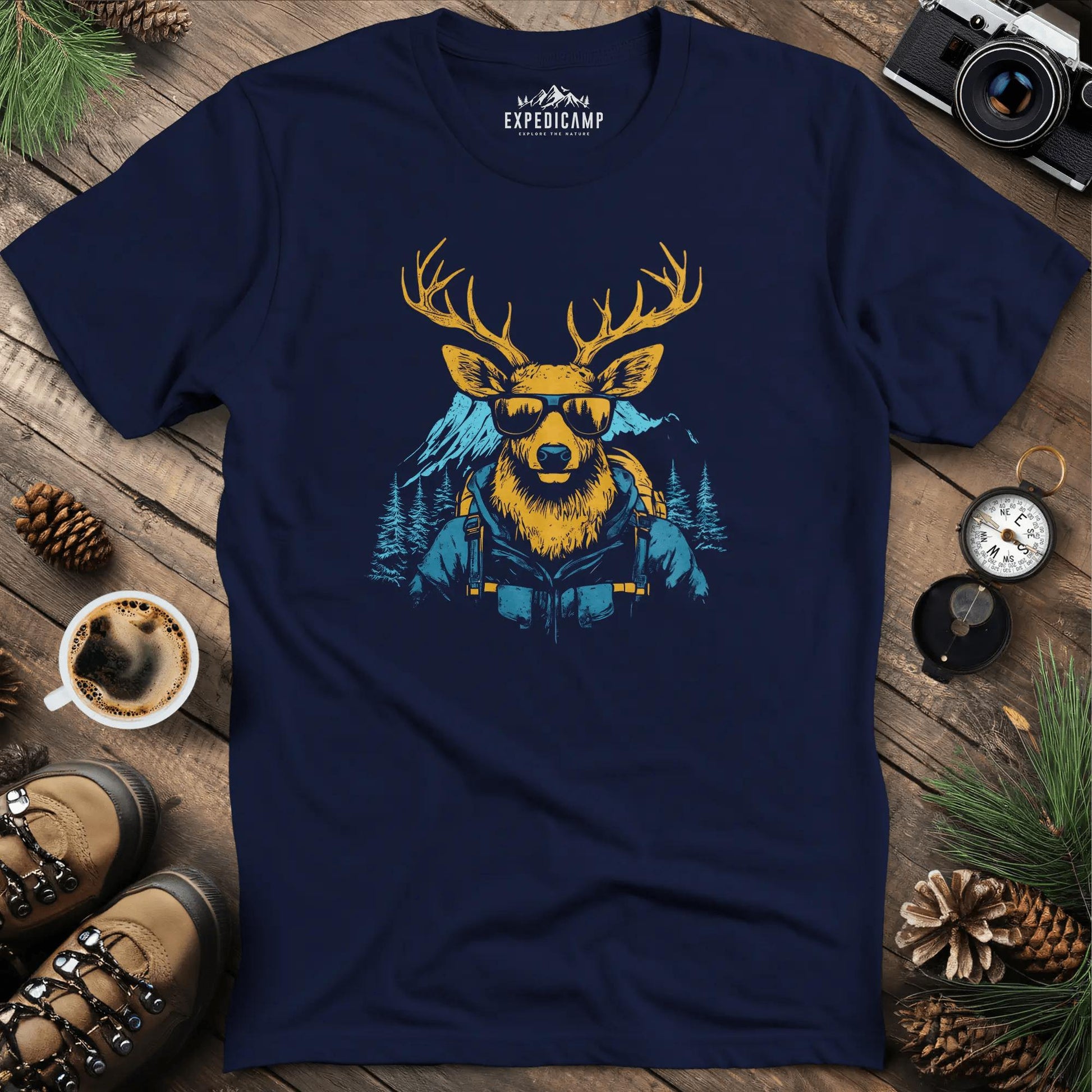 Cool Deer T-Shirt – Stylish Deer with Sunglasses Wilderness Design – Navy – Outdoor apparel for travel, hiking, camping, and nature lovers – ExpediCamp