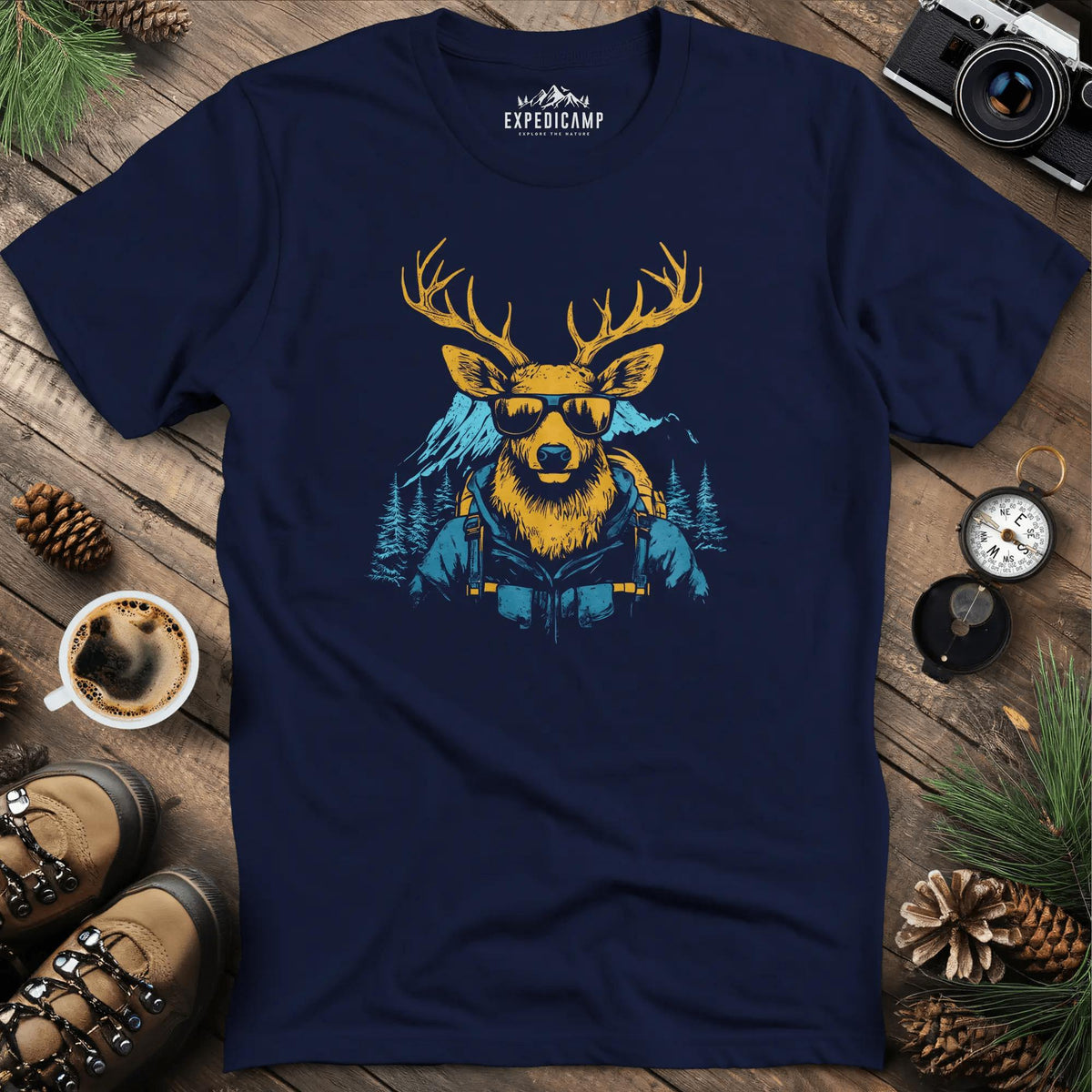 Cool Deer T-Shirt – Stylish Deer with Sunglasses Wilderness Design – Navy – Outdoor apparel for travel, hiking, camping, and nature lovers – ExpediCamp