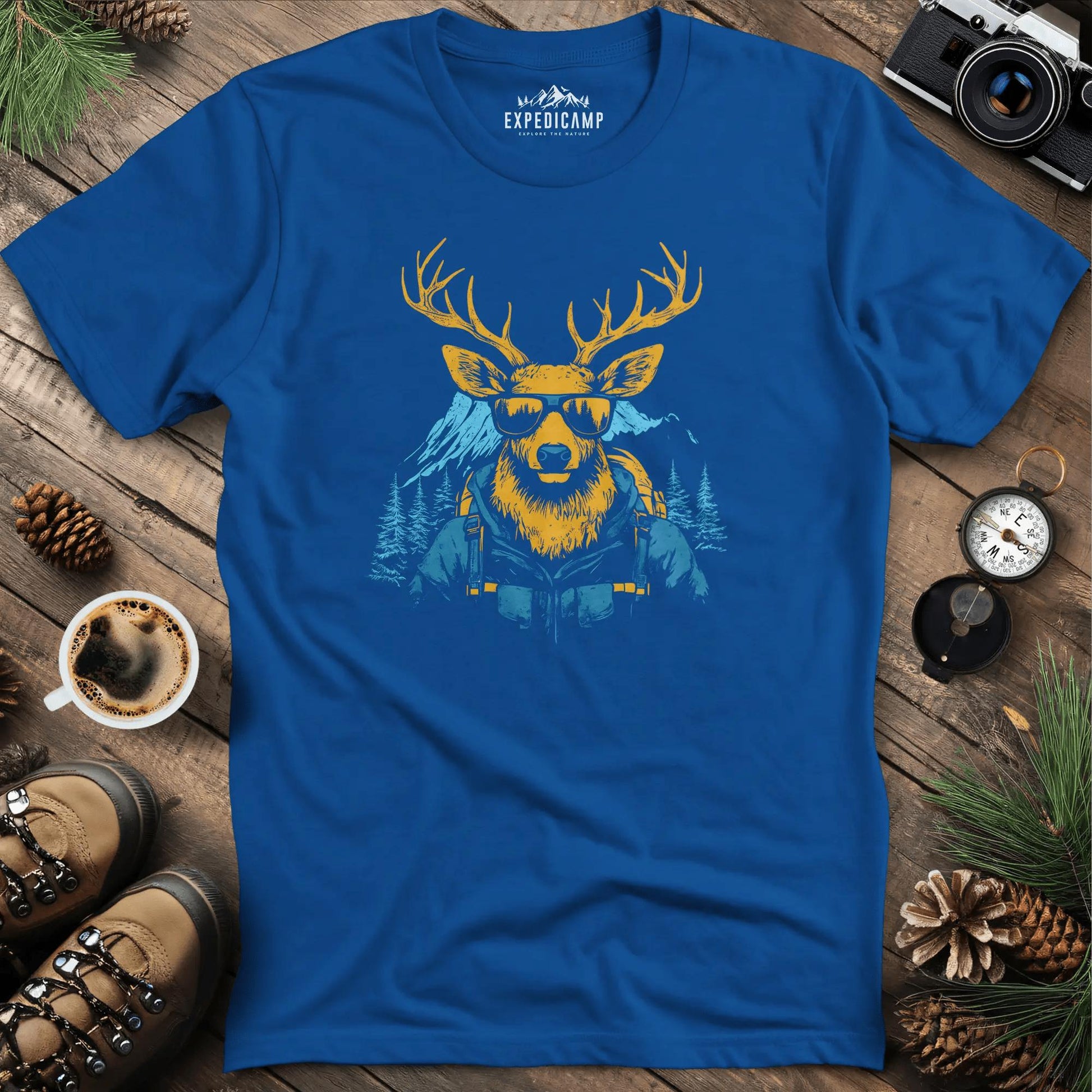Cool Deer T-Shirt – Stylish Deer with Sunglasses Wilderness Design – Royal – Outdoor apparel for travel, hiking, camping, and nature lovers – ExpediCamp