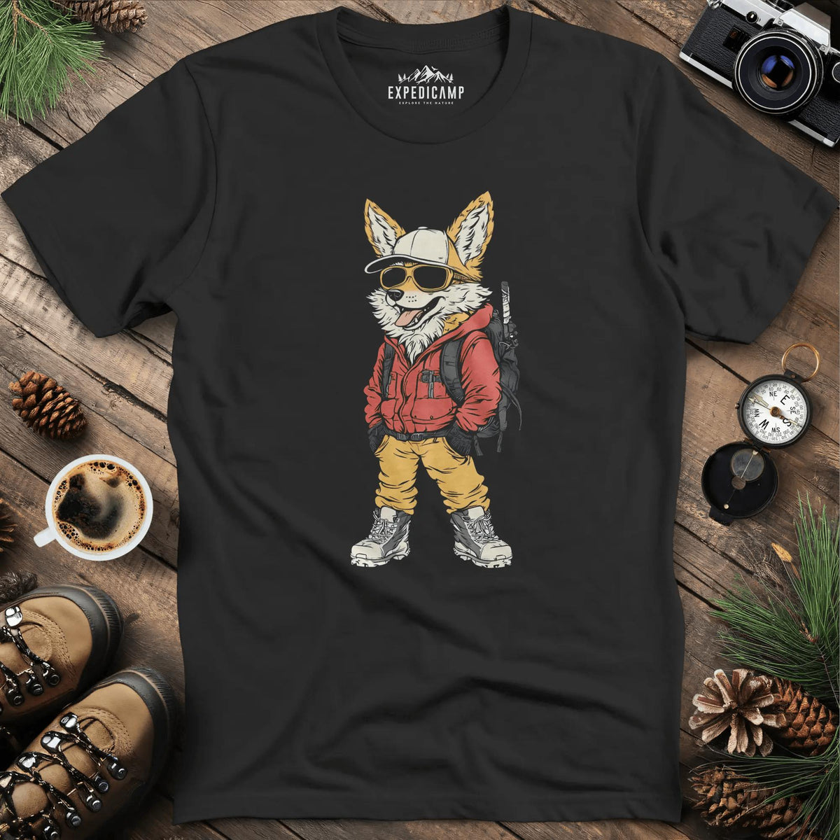 Cool Fox T-Shirt – Adventure with Attitude – Black – Outdoor apparel for travel, hiking, camping, and nature lovers – ExpediCamp