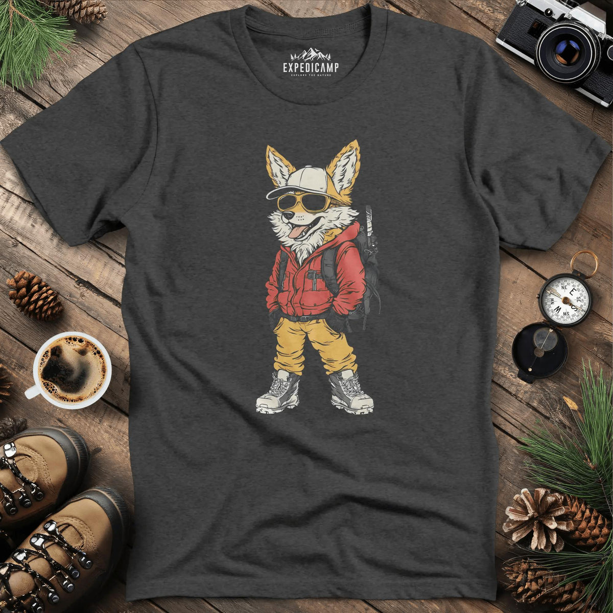 Cool Fox T-Shirt – Adventure with Attitude – Dark Heather – Outdoor apparel for travel, hiking, camping, and nature lovers – ExpediCamp