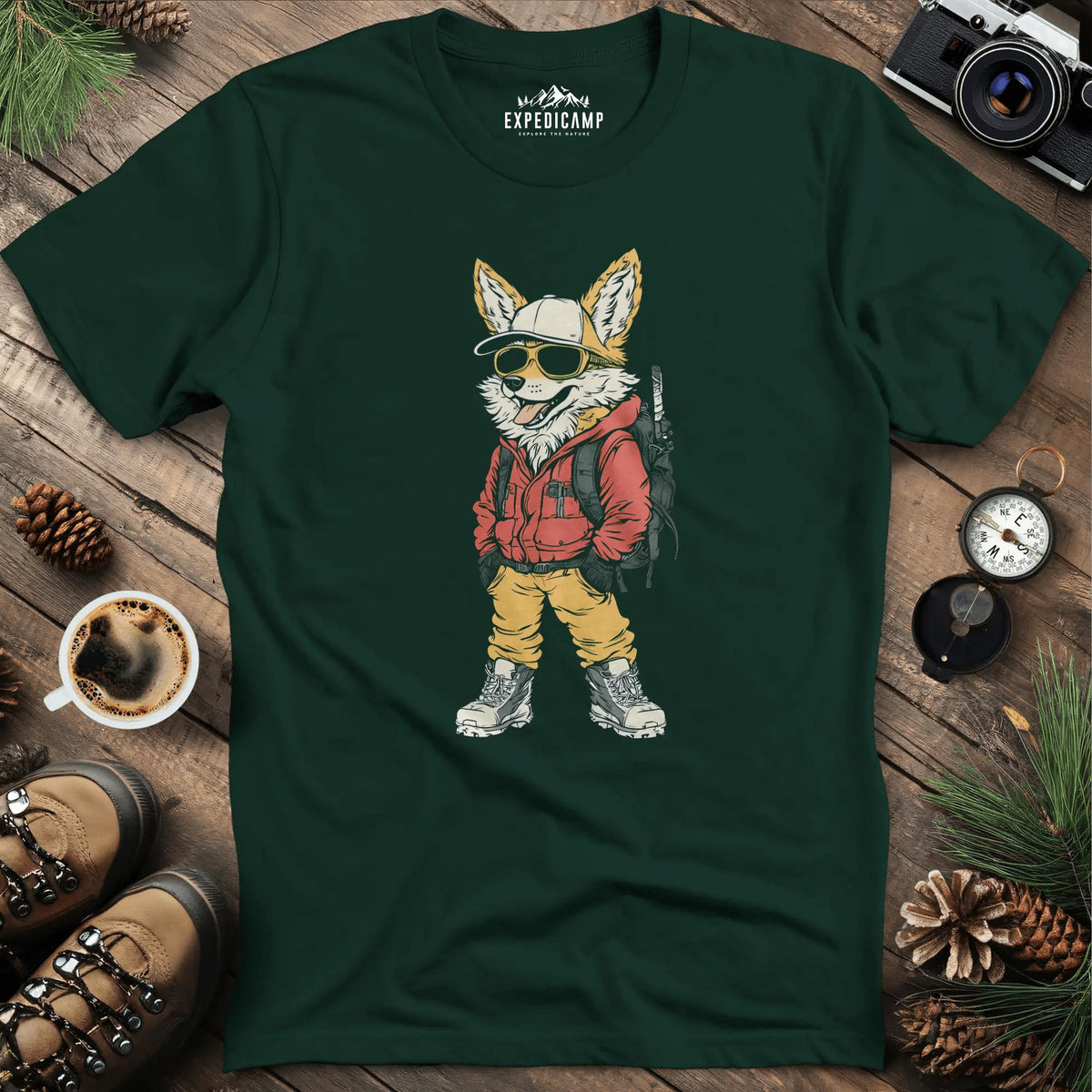 Cool Fox T-Shirt – Adventure with Attitude – Forest Green – Outdoor apparel for travel, hiking, camping, and nature lovers – ExpediCamp