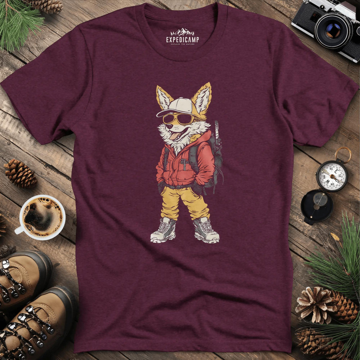 Cool Fox T-Shirt – Adventure with Attitude – Heather Maroon – Outdoor apparel for travel, hiking, camping, and nature lovers – ExpediCamp