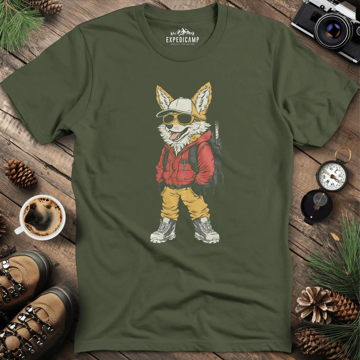 Cool Fox T-Shirt – Adventure with Attitude – Military Green – Outdoor apparel for travel, hiking, camping, and nature lovers – ExpediCamp