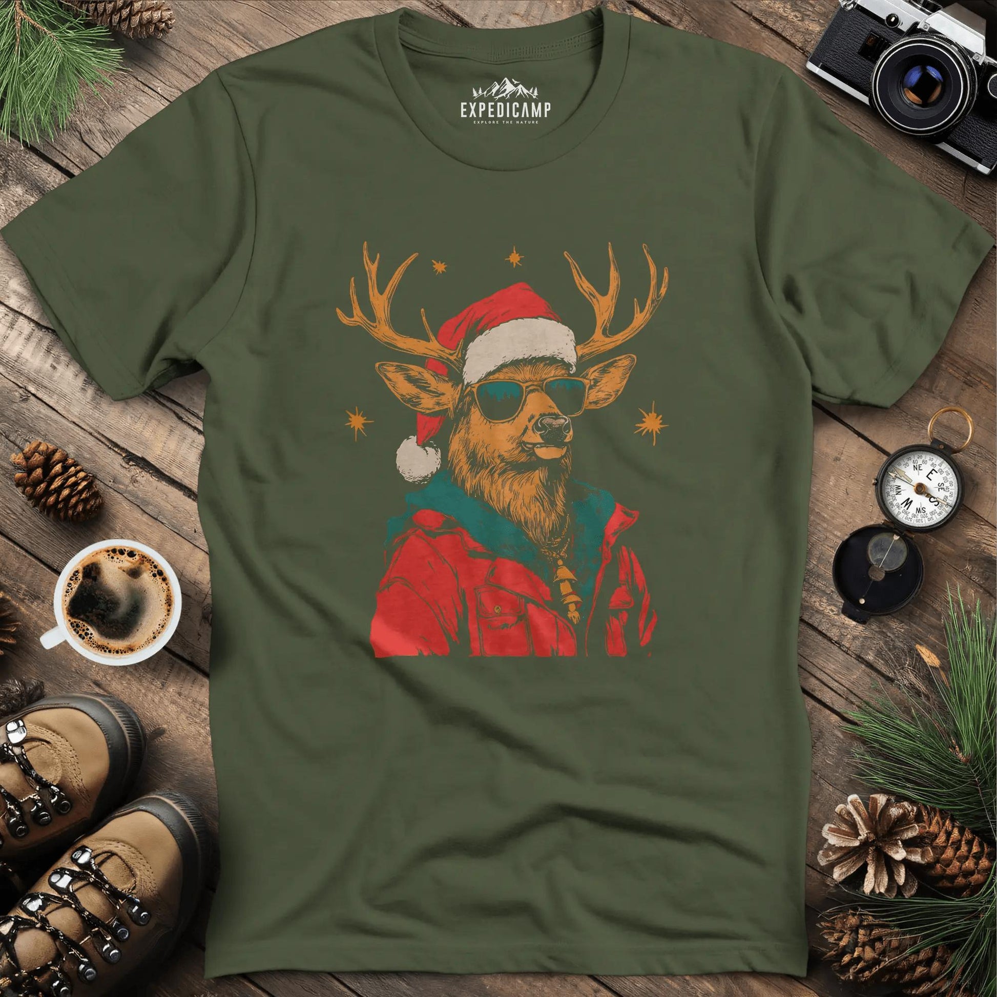 Cool Reindeer T-Shirt – Military Green – Outdoor apparel for travel, hiking, camping, and nature lovers – ExpediCamp