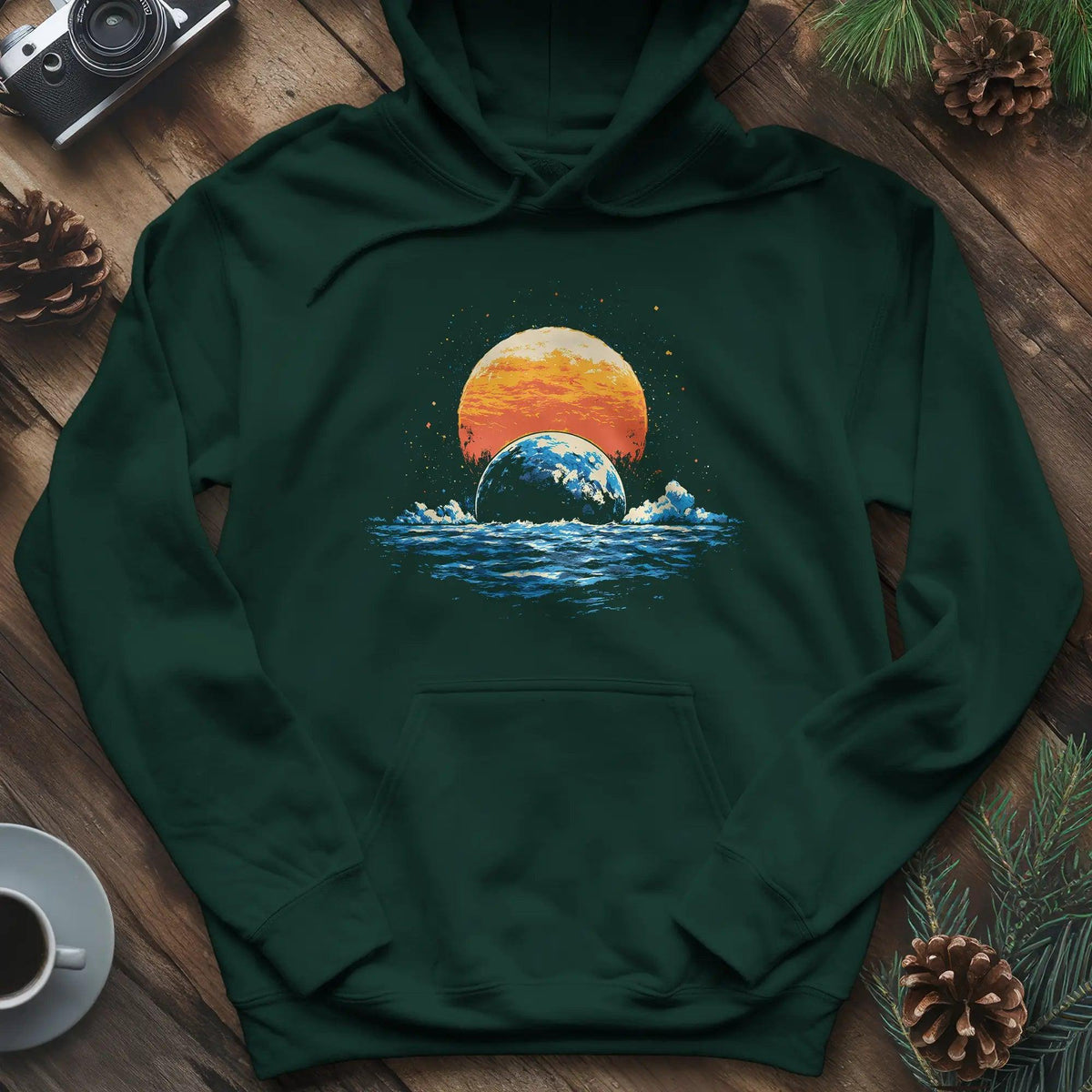 Cosmic Horizon Hoodie – Forest Green – Outdoor apparel for travel, hiking, camping, and nature lovers – ExpediCamp