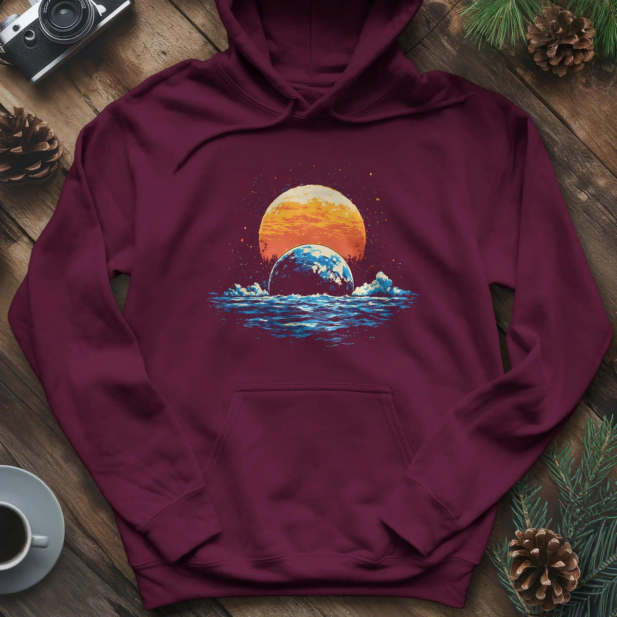 Cosmic Horizon Hoodie – Maroon – Outdoor apparel for travel, hiking, camping, and nature lovers – ExpediCamp