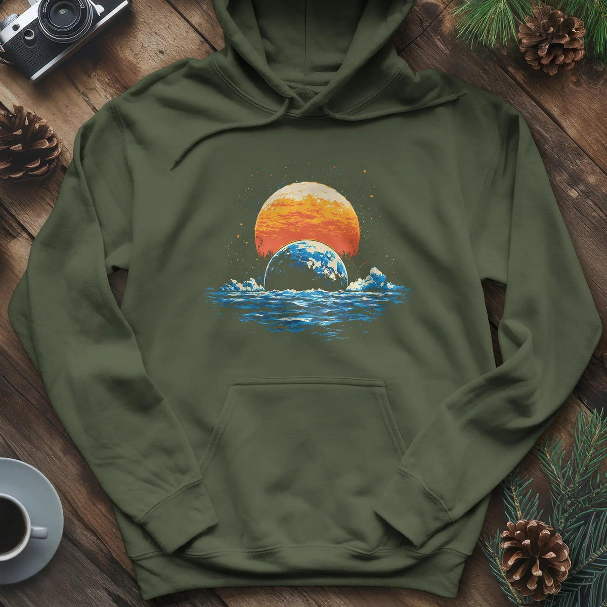 Cosmic Horizon Hoodie – Military Green – Outdoor apparel for travel, hiking, camping, and nature lovers – ExpediCamp