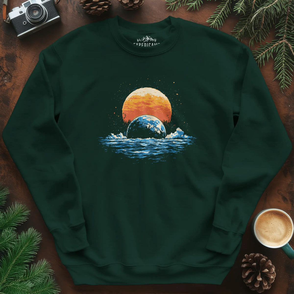 Cosmic Horizon Sweatshirt – Forest Green – Outdoor apparel for travel, hiking, camping, and nature lovers – ExpediCamp