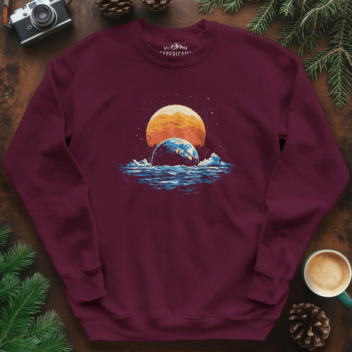 Cosmic Horizon Sweatshirt – Maroon – Outdoor apparel for travel, hiking, camping, and nature lovers – ExpediCamp