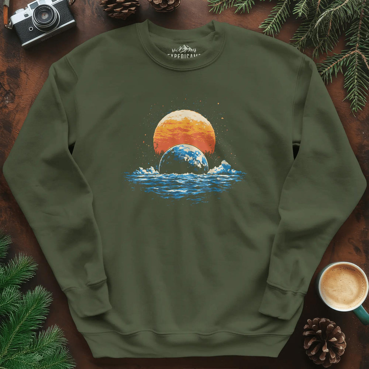 Cosmic Horizon Sweatshirt – Military Green – Outdoor apparel for travel, hiking, camping, and nature lovers – ExpediCamp
