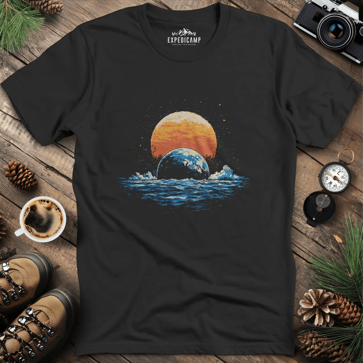 Cosmic Horizon T-Shirt – Black – Outdoor apparel for travel, hiking, camping, and nature lovers – ExpediCamp