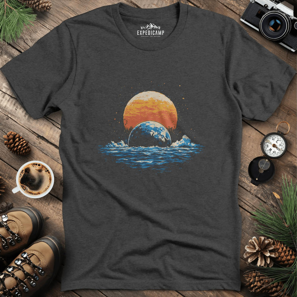 Cosmic Horizon T-Shirt – Dark Heather – Outdoor apparel for travel, hiking, camping, and nature lovers – ExpediCamp