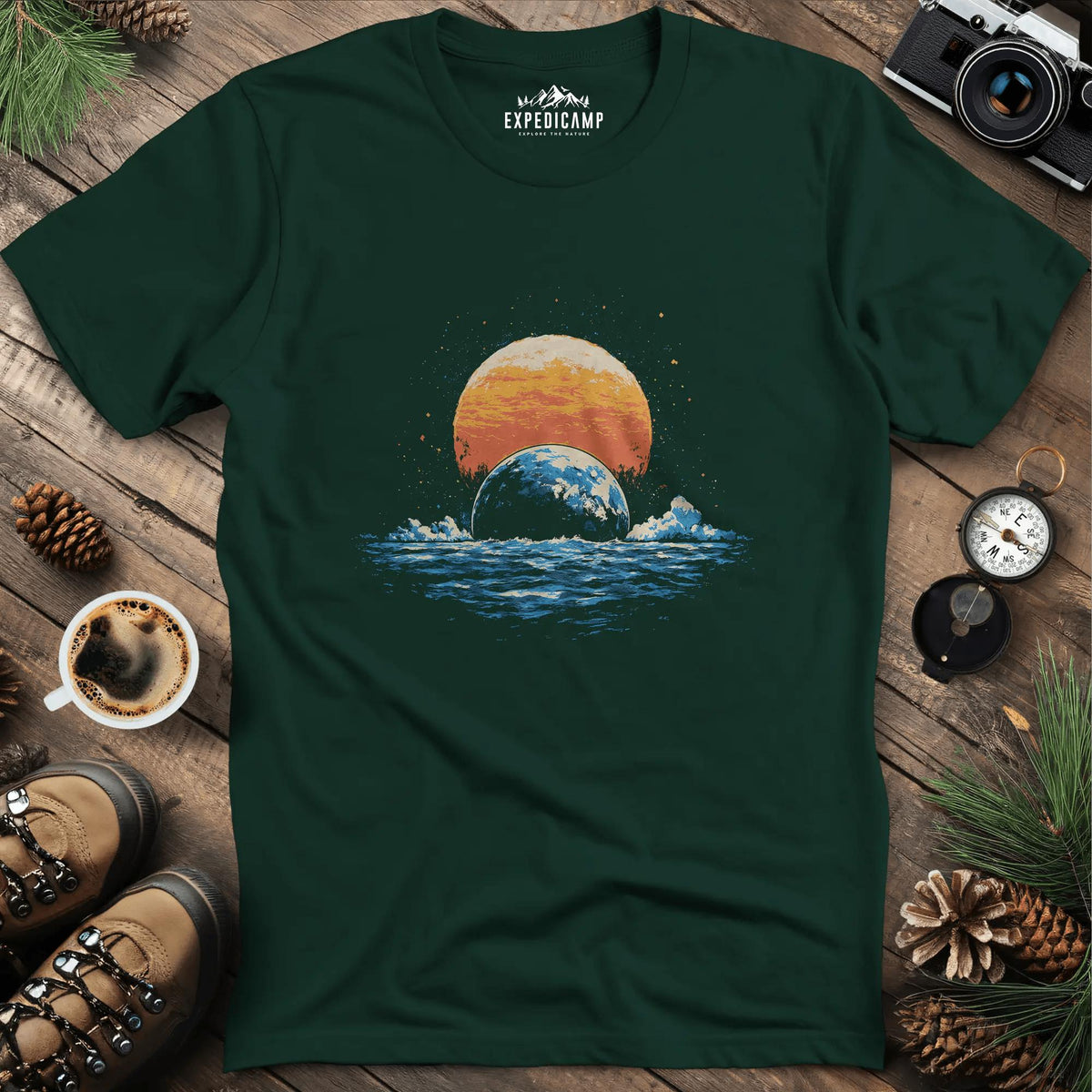 Cosmic Horizon T-Shirt – Forest Green – Outdoor apparel for travel, hiking, camping, and nature lovers – ExpediCamp