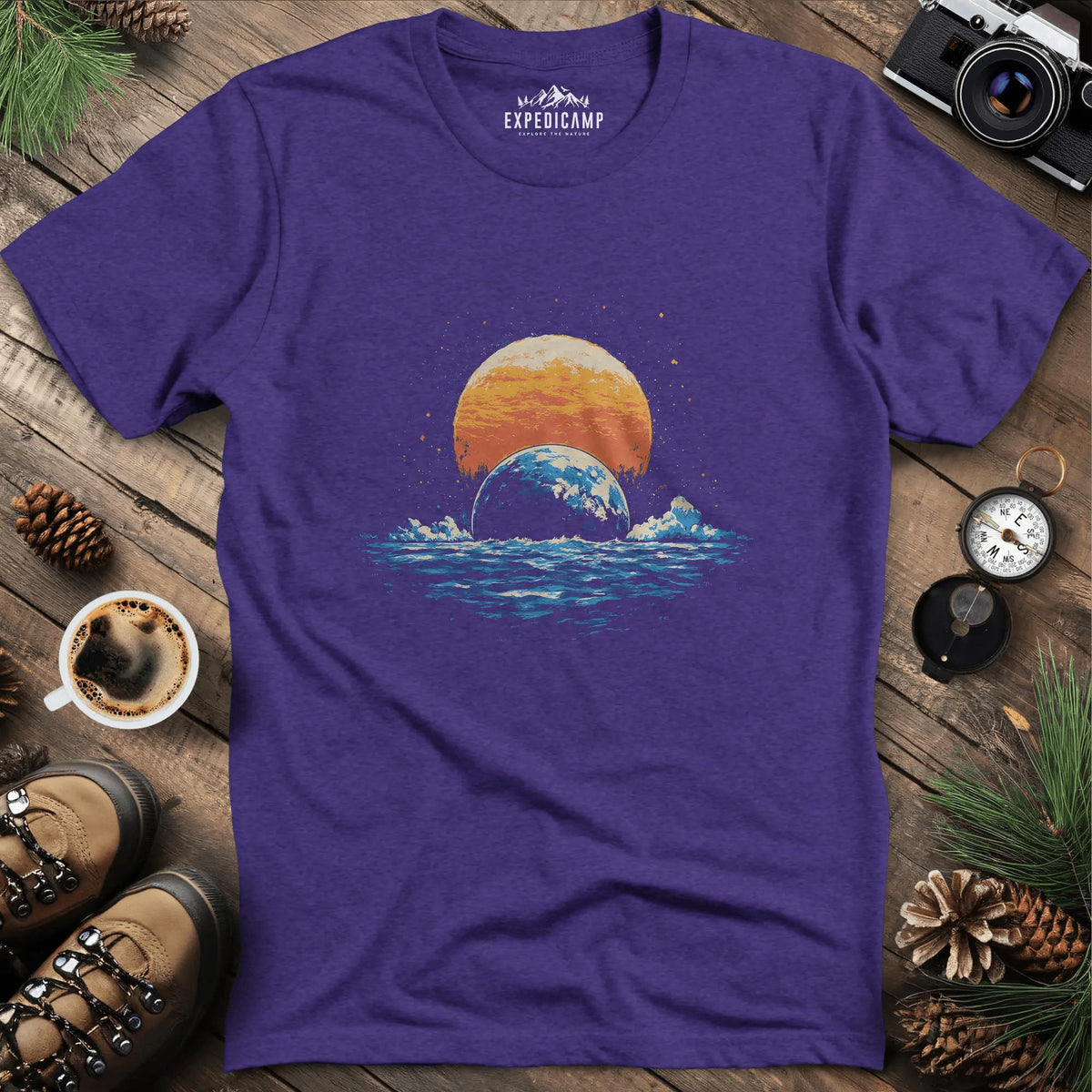 Cosmic Horizon T-Shirt – Heather Purple – Outdoor apparel for travel, hiking, camping, and nature lovers – ExpediCamp