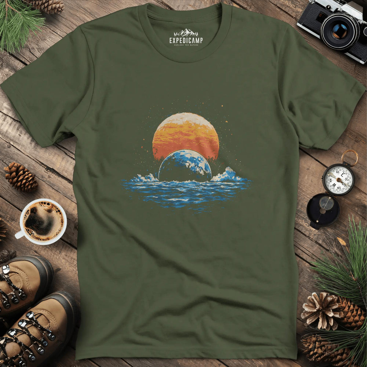 Cosmic Horizon T-Shirt – Military Green – Outdoor apparel for travel, hiking, camping, and nature lovers – ExpediCamp