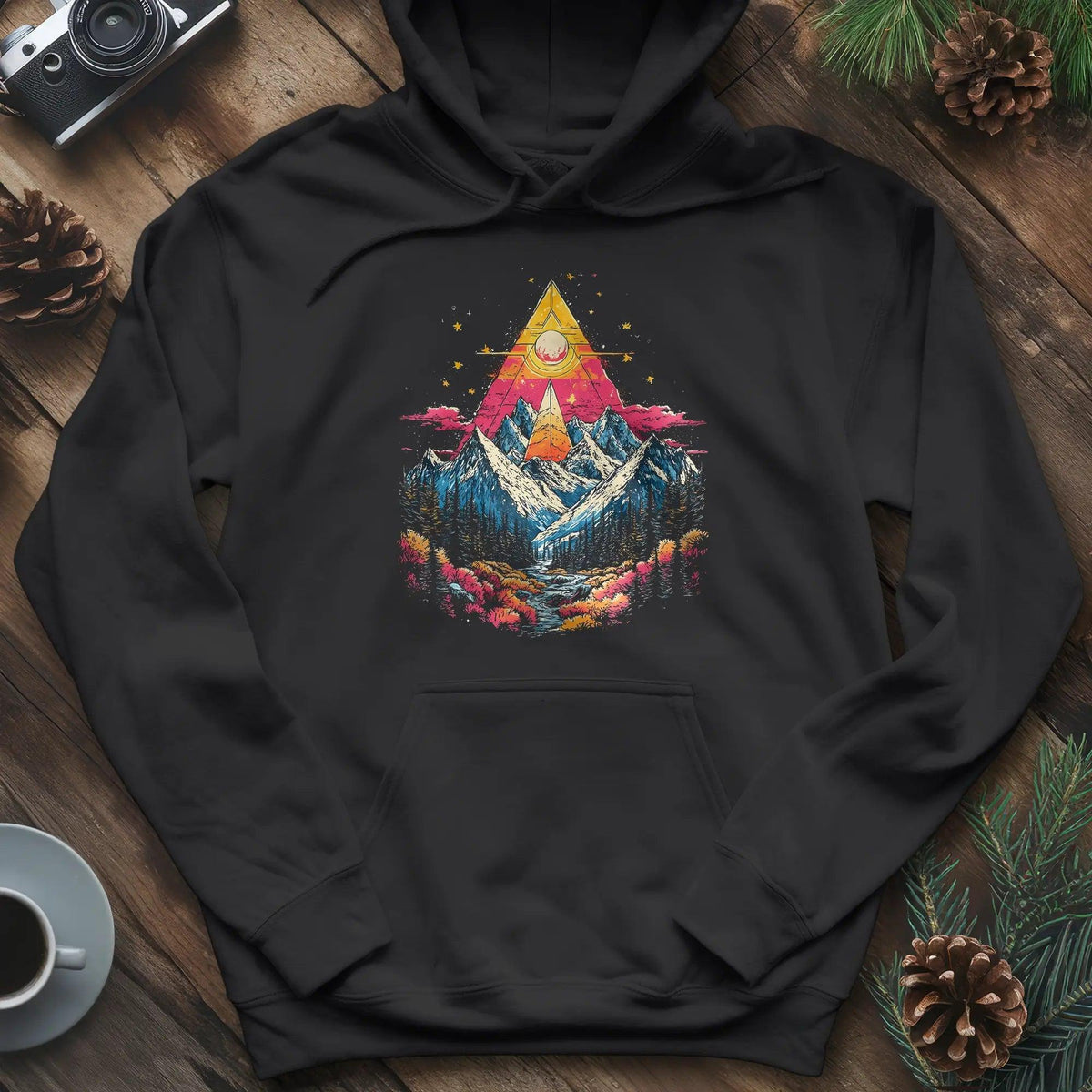 Cosmic Peaks Hoodie – Black – Outdoor apparel for travel, hiking, camping, and nature lovers – ExpediCamp