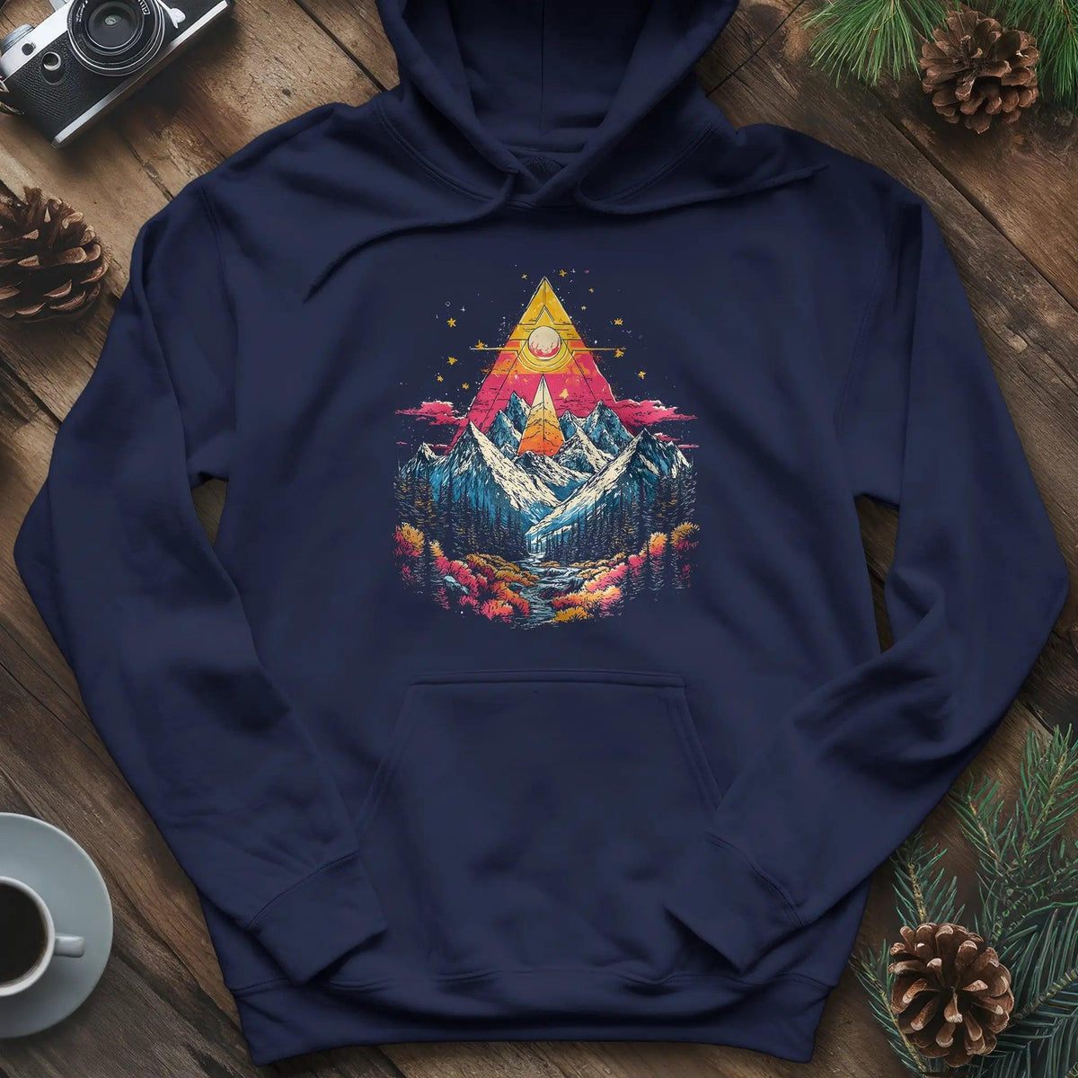 Cosmic Peaks Hoodie – Navy – Outdoor apparel for travel, hiking, camping, and nature lovers – ExpediCamp