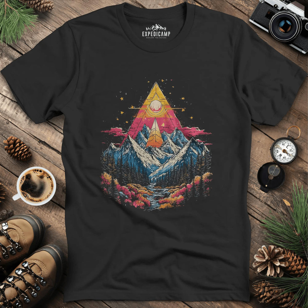 Cosmic Peaks T-Shirt – Black – Outdoor apparel for travel, hiking, camping, and nature lovers – ExpediCamp