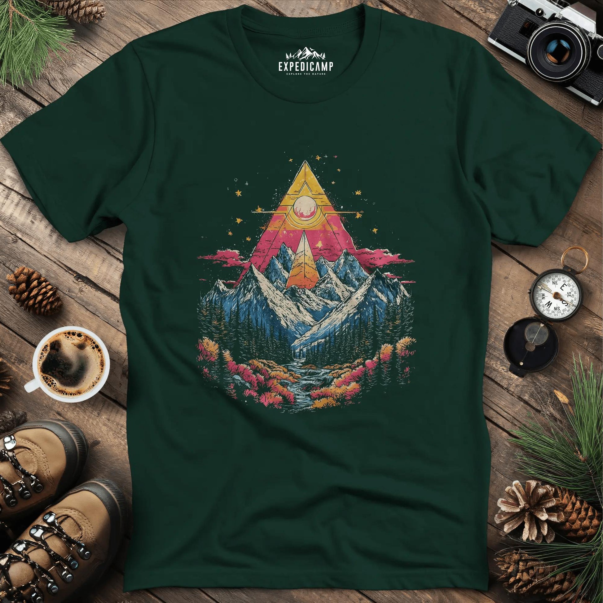 Cosmic Peaks T-Shirt – Forest Green – Outdoor apparel for travel, hiking, camping, and nature lovers – ExpediCamp