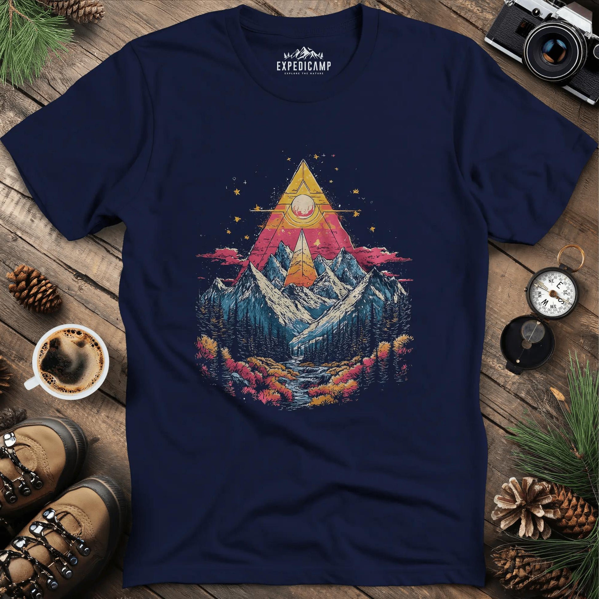 Cosmic Peaks T-Shirt – Navy – Outdoor apparel for travel, hiking, camping, and nature lovers – ExpediCamp