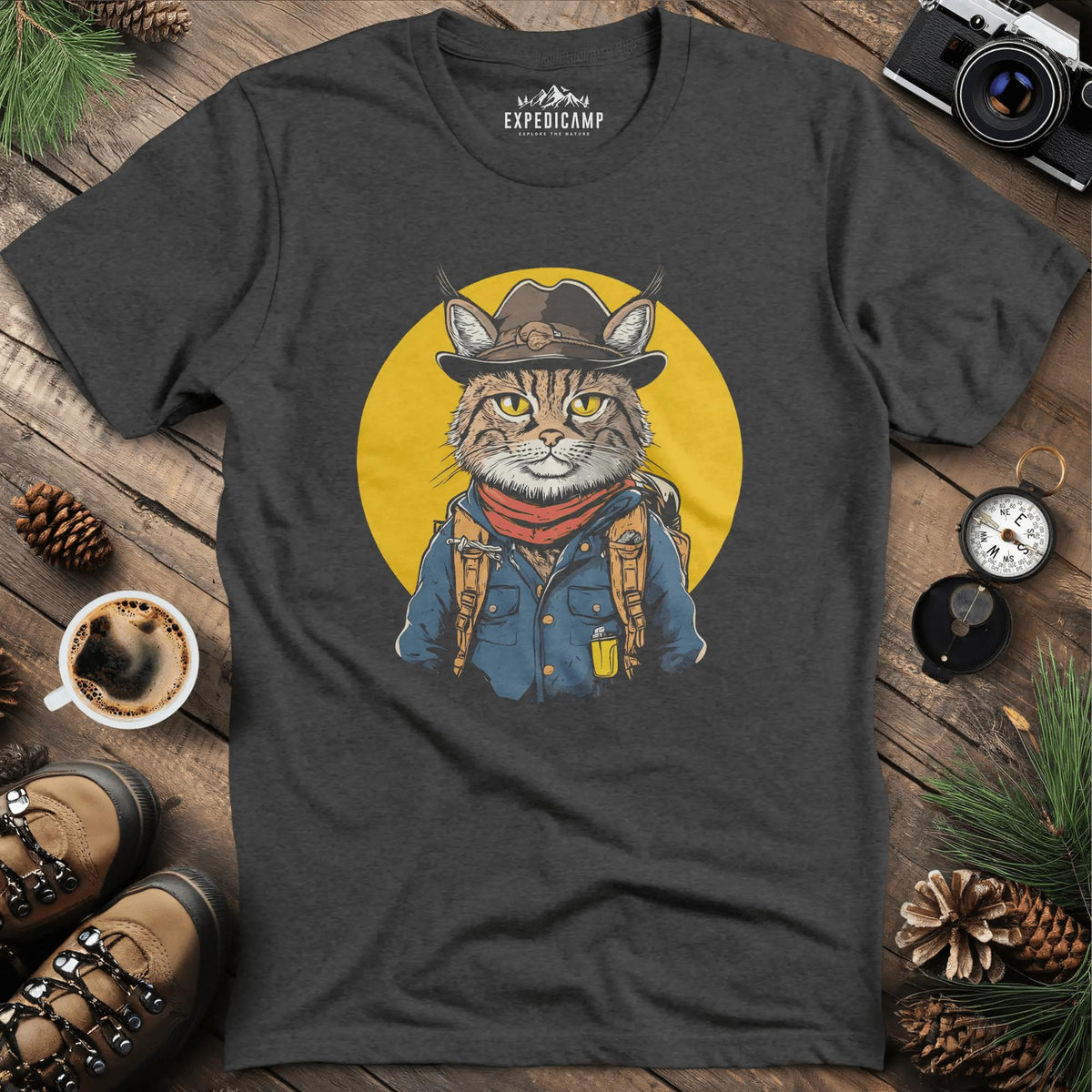 Cowboy Cat Hiker T-Shirt – Western Wilderness Style – Dark Heather – Outdoor apparel for travel, hiking, camping, and nature lovers – ExpediCamp