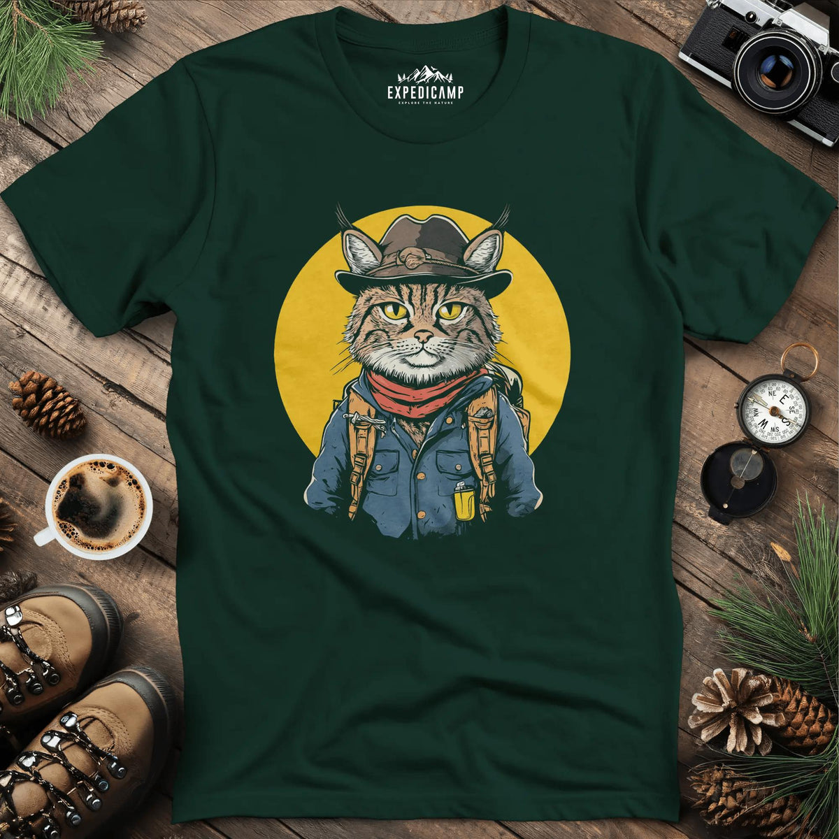 Cowboy Cat Hiker T-Shirt – Western Wilderness Style – Forest Green – Outdoor apparel for travel, hiking, camping, and nature lovers – ExpediCamp