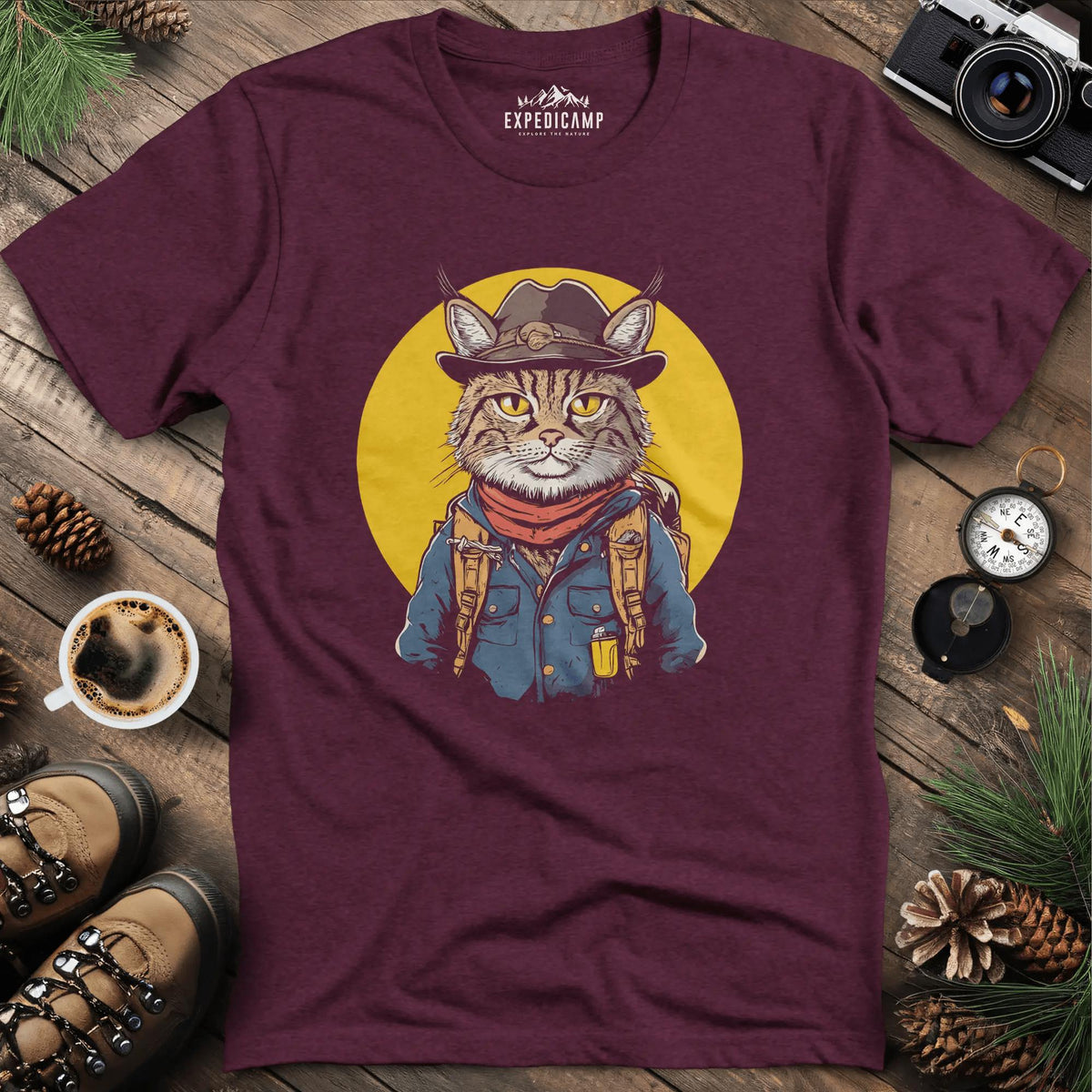 Cowboy Cat Hiker T-Shirt – Western Wilderness Style – Heather Maroon – Outdoor apparel for travel, hiking, camping, and nature lovers – ExpediCamp