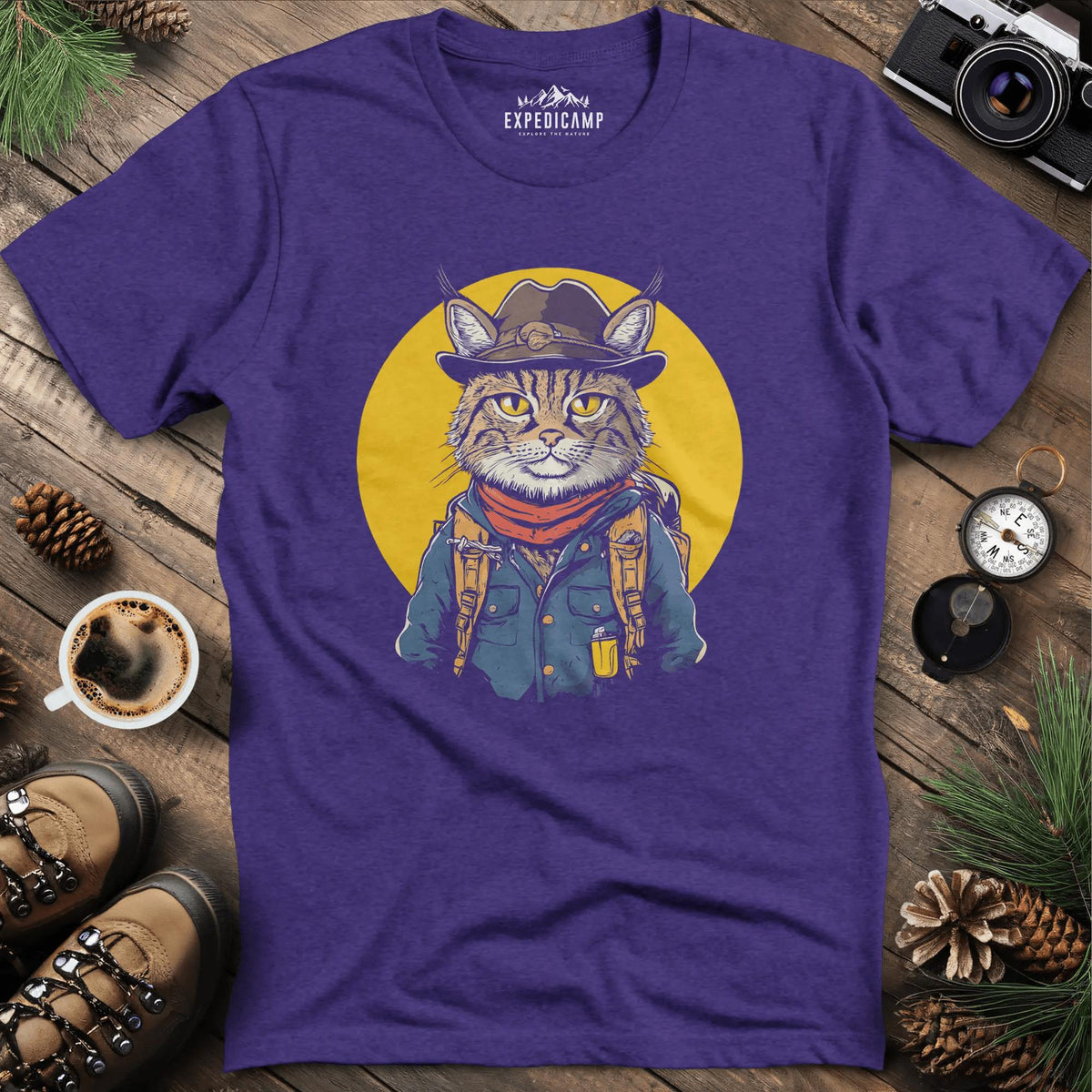 Cowboy Cat Hiker T-Shirt – Western Wilderness Style – Heather Purple – Outdoor apparel for travel, hiking, camping, and nature lovers – ExpediCamp