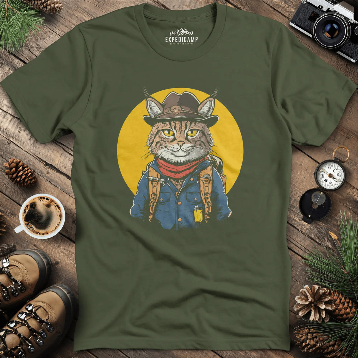 Cowboy Cat Hiker T-Shirt – Western Wilderness Style – Military Green – Outdoor apparel for travel, hiking, camping, and nature lovers – ExpediCamp