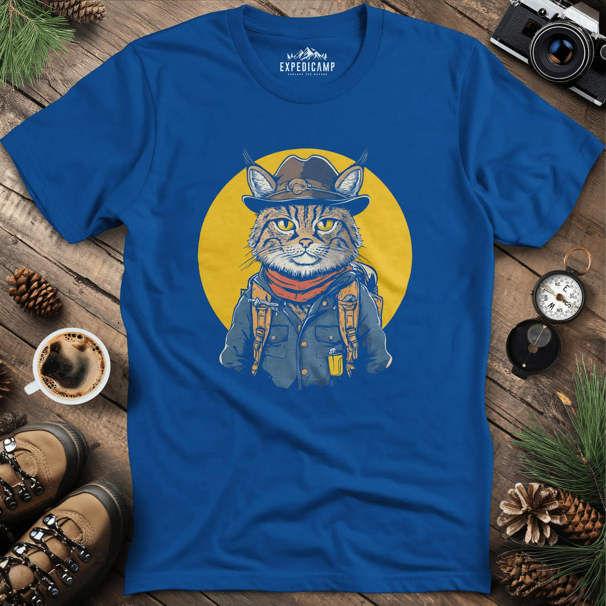 Cowboy Cat Hiker T-Shirt – Western Wilderness Style – Royal – Outdoor apparel for travel, hiking, camping, and nature lovers – ExpediCamp