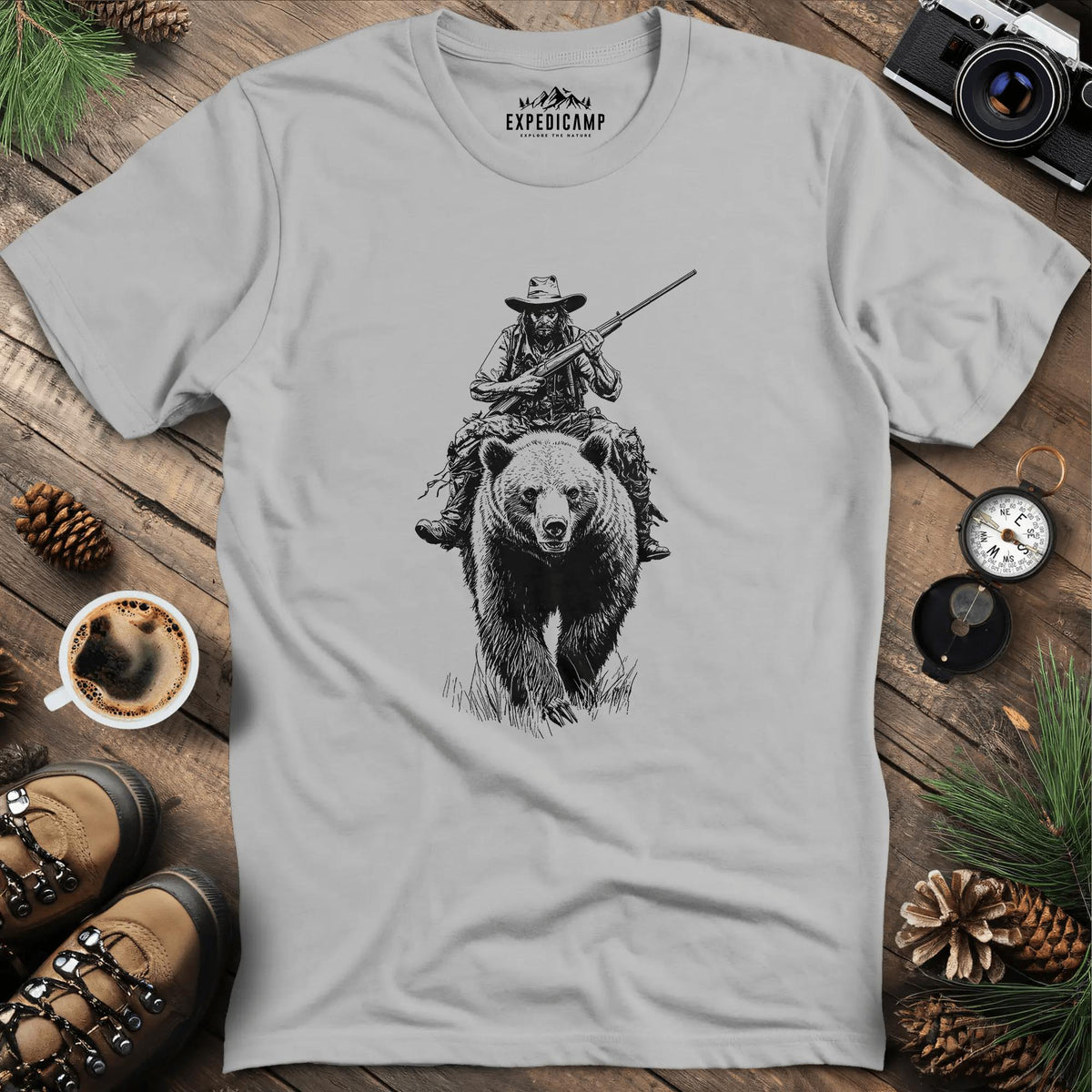 Cowboy Riding Bear T-Shirt – Ice Grey – Outdoor apparel for travel, hiking, camping, and nature lovers – ExpediCamp